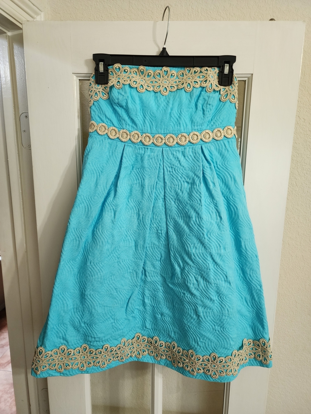 Lilly Pulitzer Strapless Aqua Cotton Dress Gold Embroidered Trim Size 0